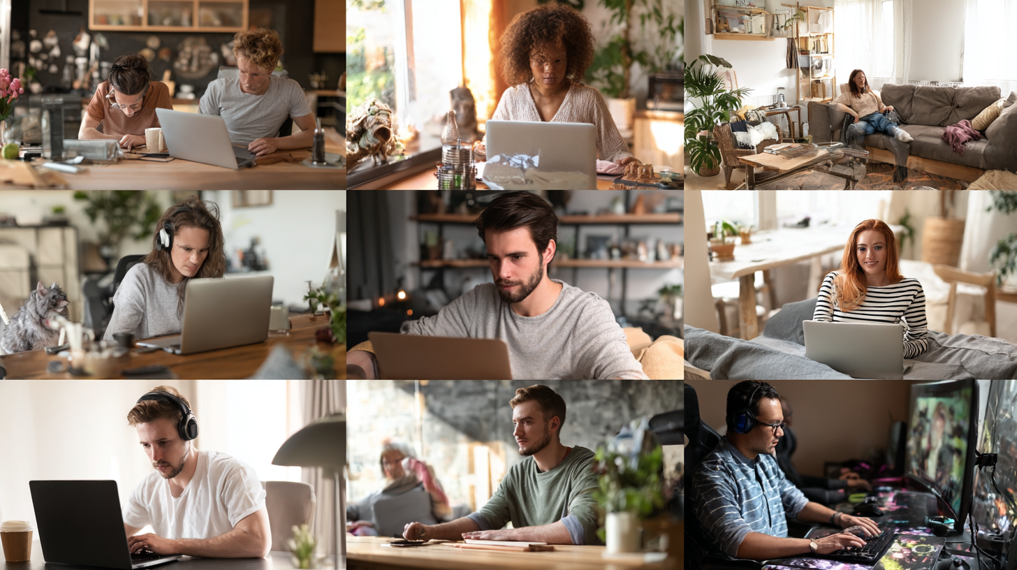 People working from home on laptops and computers